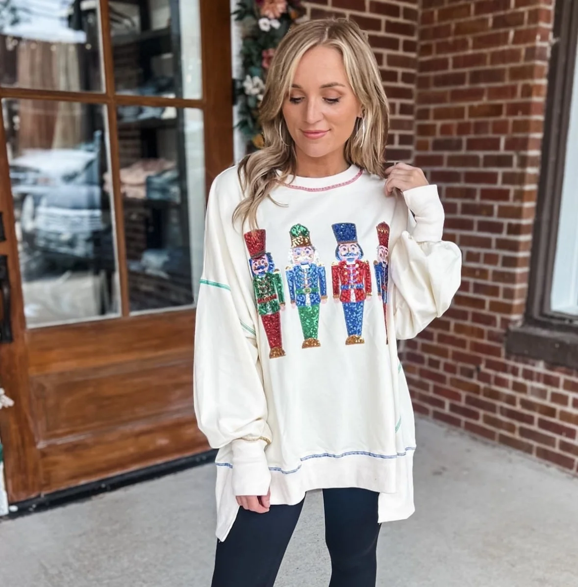 Sudadera con estampado de Papá Noel y lentejuelas de Cascanueces para mujer, blusa informal de cuello redondo y manga larga gruesa
