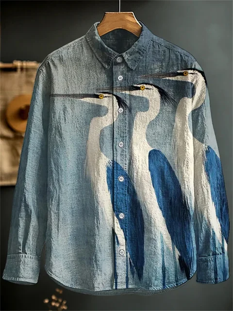 New Men's 3D Art Printed Shirt Casual Vintage Linen Style Long Sleeve Lapel Collar Top Fashion Beige Top 2