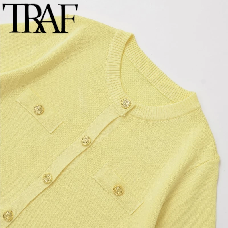 TRAF Y2K 2025 Woman Fashion Knitted Jacket With Edging Casual Slim Knitted Top+Elastic Waist Mini Skirt Sets Summer Yellow - Image 4