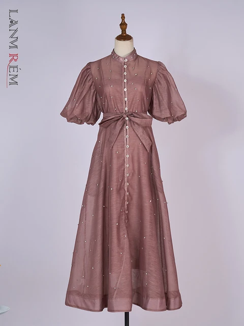 LANMREM Nail Diamond Puff Short Sleeve Single Breasted Shirt Style Dress+Strap 2025 New Summer Stand Collar Famale Clothing