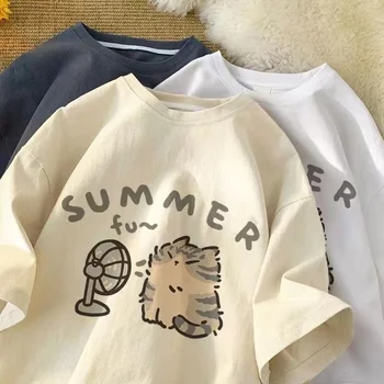 Korean Version Retro Minimalist Printed Summer T-shirt Casual Loose Couple Thin Short Sleeves 1
