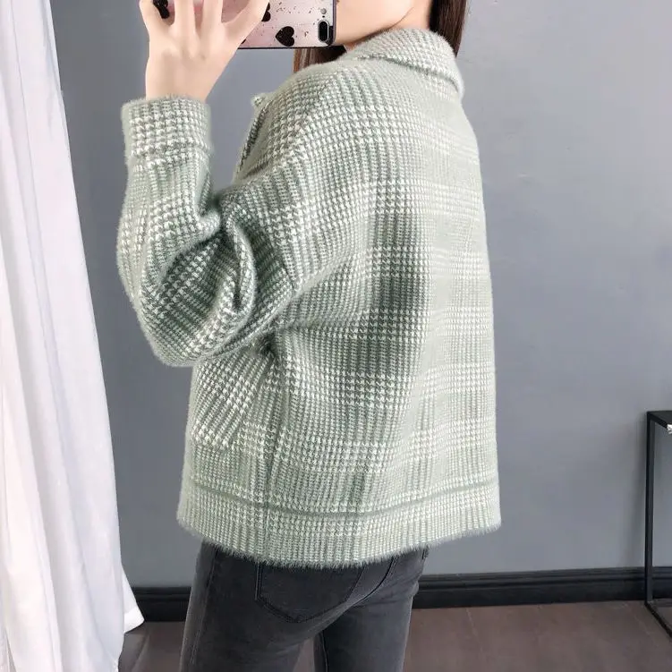 2023 Autumn Winter New Mink Down Plaid Short Oblique Pocket Cardigan Coat Women