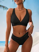 Sexy High Waist Bikini Set 2025 Women V Neck Ribbed Push Up Two Piece Swimsuit Summer Bathing Suit Holiday Swimwear Biquini