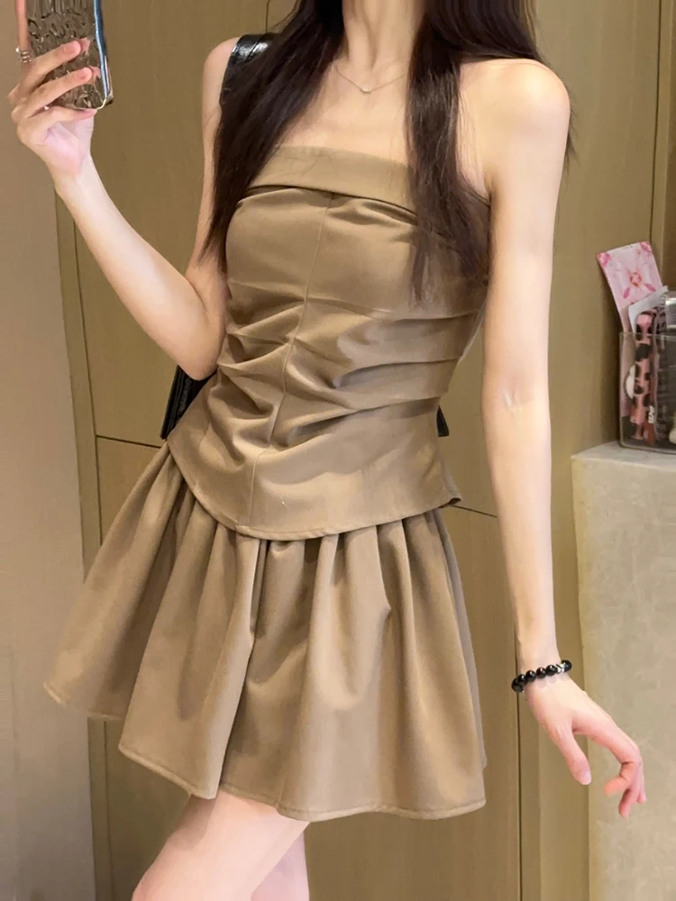 

Summer Korean Casual Two Piece Set Women Sleeveless Sexy Party Mini Skirt Suit Female Solid Vintage Hight Waist Skirts Suit 2023
