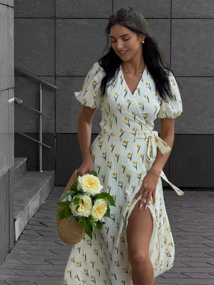 Women's Loose Fit Cotton Blend Maxi Dress with V-Neck & Short Sleeves S5b1ca56cacdb4eb2b9aef374a91bdf6dq