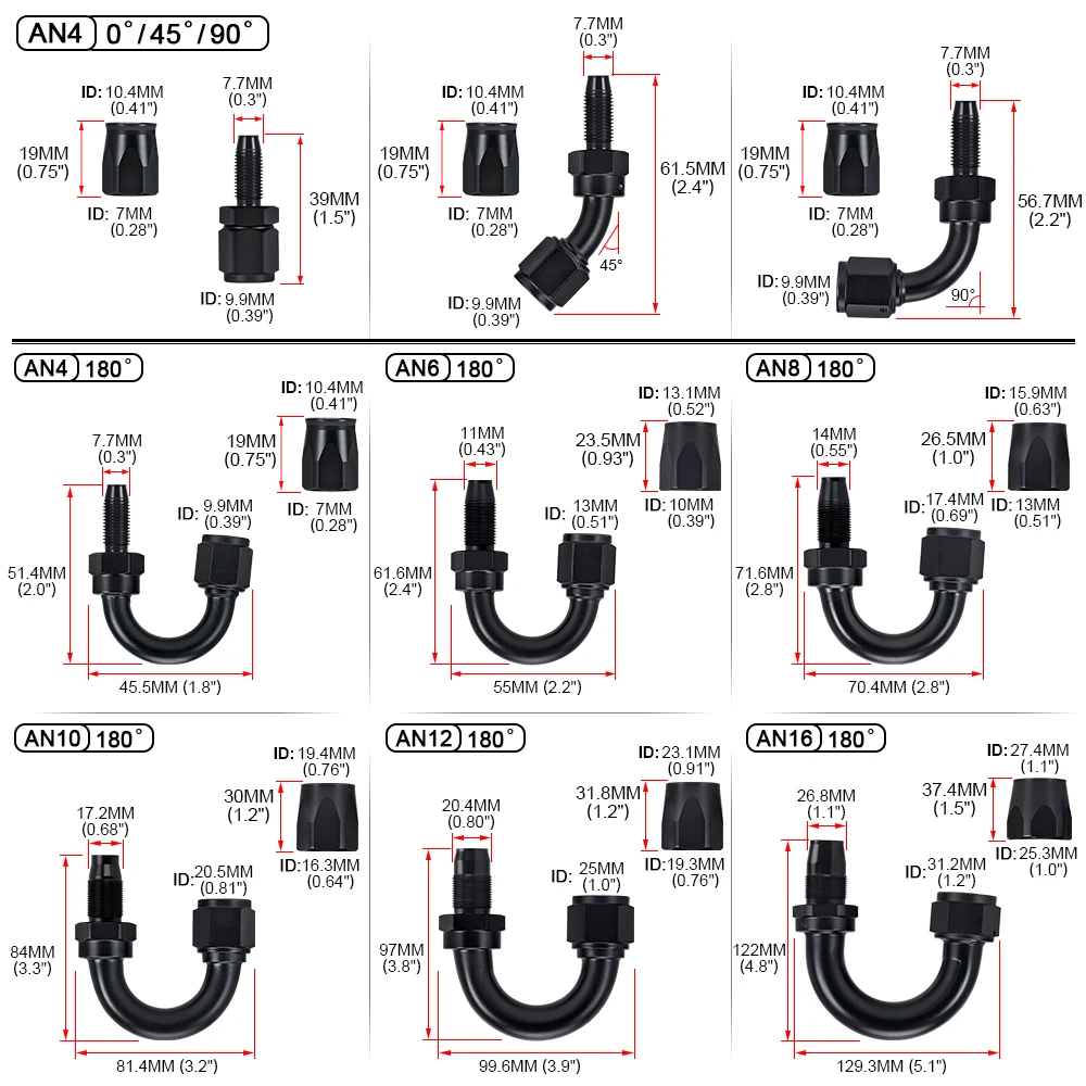 Universal AN4 AN6 AN8 AN10 AN12 AN16 Gerade 45 90 120 180 Grad Öl Kraftstoff Schwenk Schlauch Ende Fitting Öl Schlauch Ende Adapter Kit – Detail 4