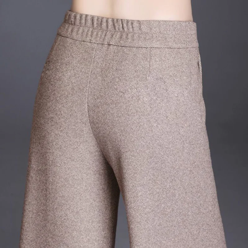 가을 겨울 정장 모직 넓은 다리 바지 여성 높은 허리 빅 사이즈 4xl 사무실 발목 길이 Pantalones 헐렁한 양모 혼합 바지