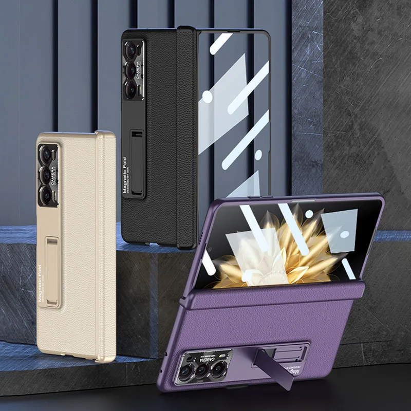 All-included Plain Leather Case For Honor Magic V2 Magnetic Hinge Case Shockproo