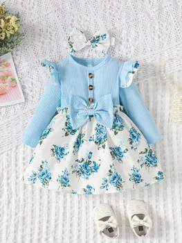 New Baby Girl Spring And Autumn Simple Daily Flower Print Long Sleeved Big Bow Cute Dress Headband