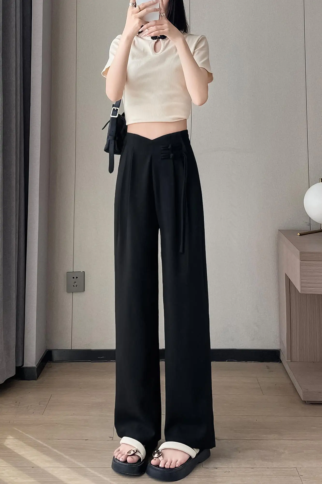 Linen Suit Wide Leg Pants Y2K Women's Summer Retro Chinese Style Design High Waist Drape Narrow Cut Straight Leg Casual Pants