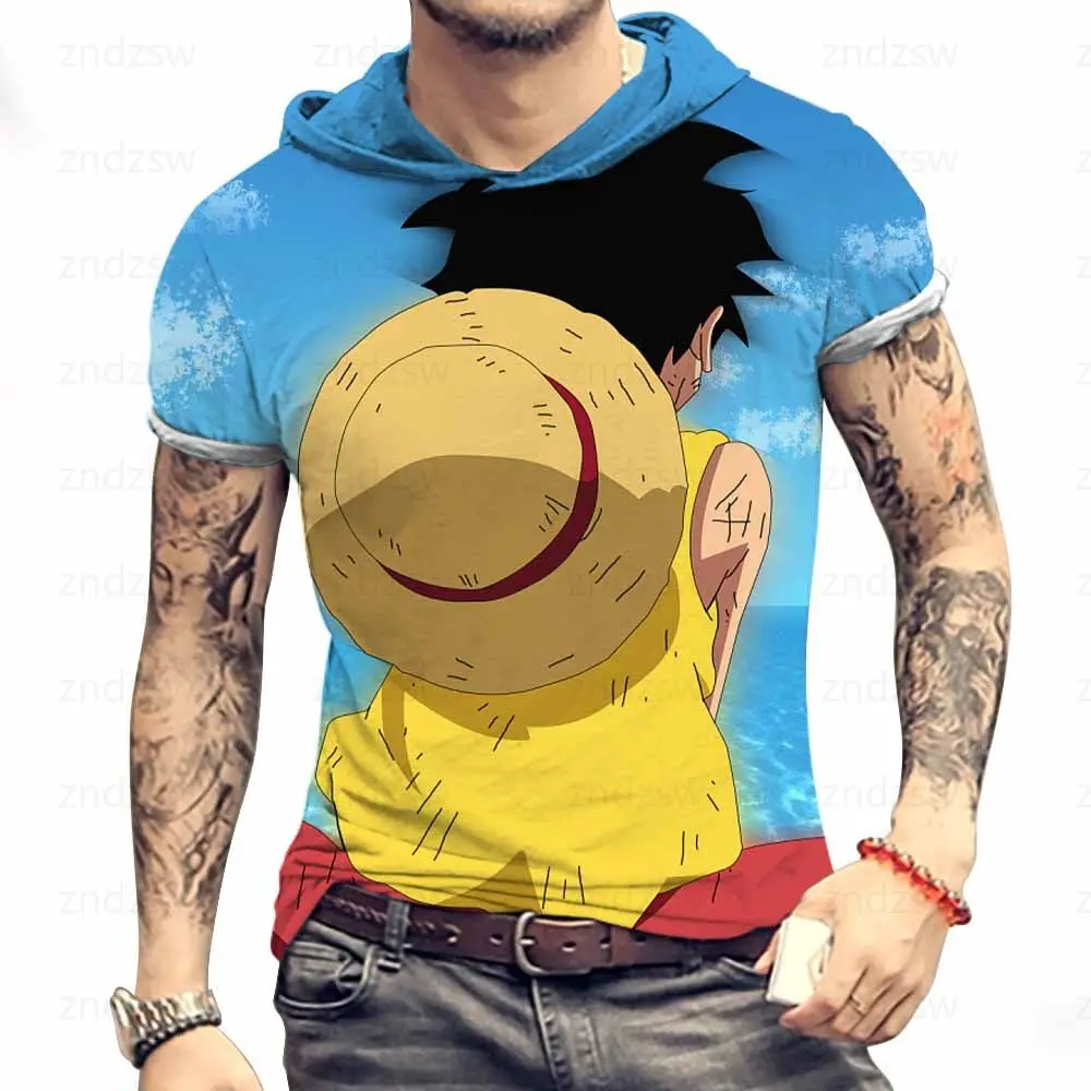 

Men's Hooded T-Shirt One Piece T-shirts Harajuku Style Hip Hop Anime Monkey D Luffy High Quality Oversized Clothing Male Fashion