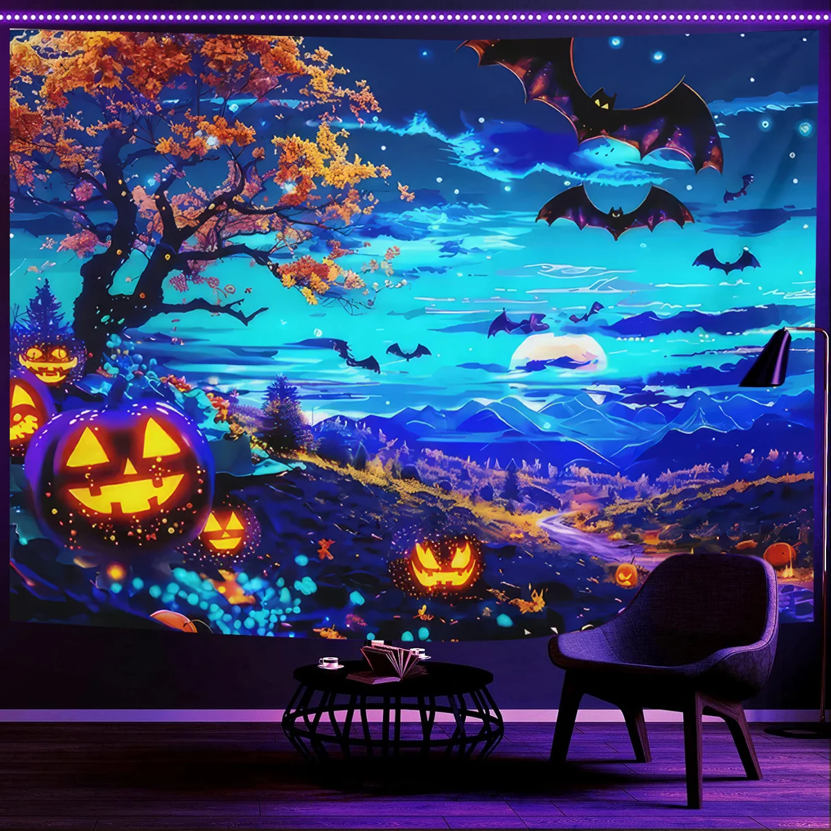 Large UV Reactive Forest Ghost & Pumpkin Tapestry Wall Hanging Halloween Decoration Blacklight Bats Night Sky Home Room Decor