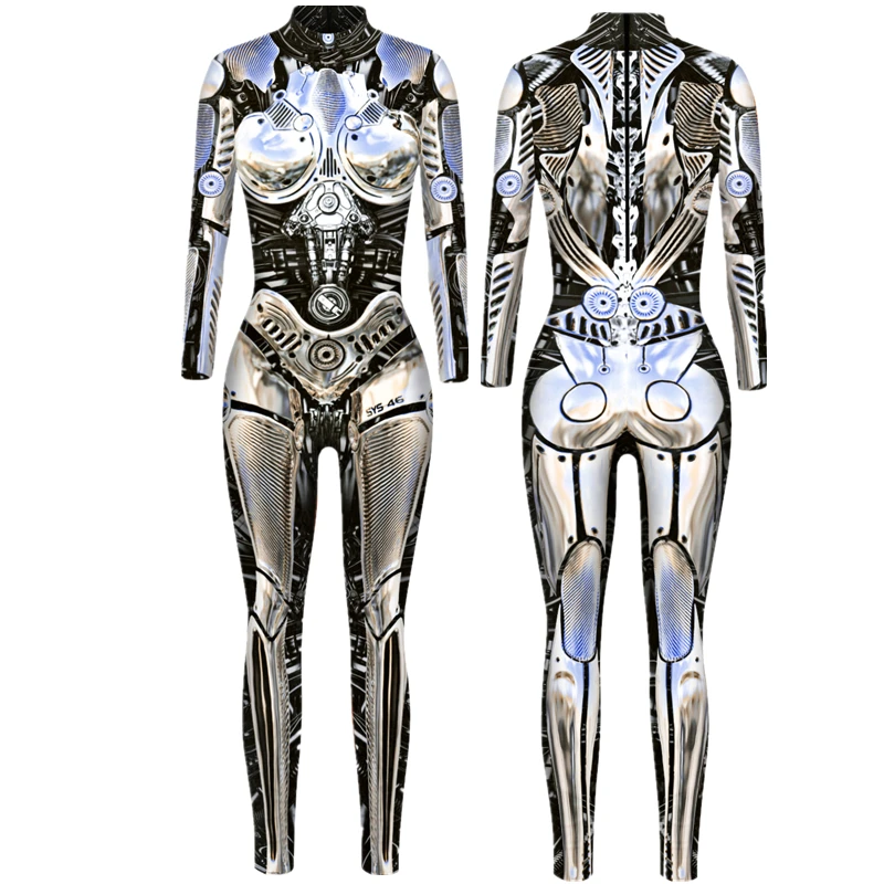 Halloween Robot Jumpsuit Women Steampunk Cosplay Costumes Carnival Party Long Sleeve Bodysuit