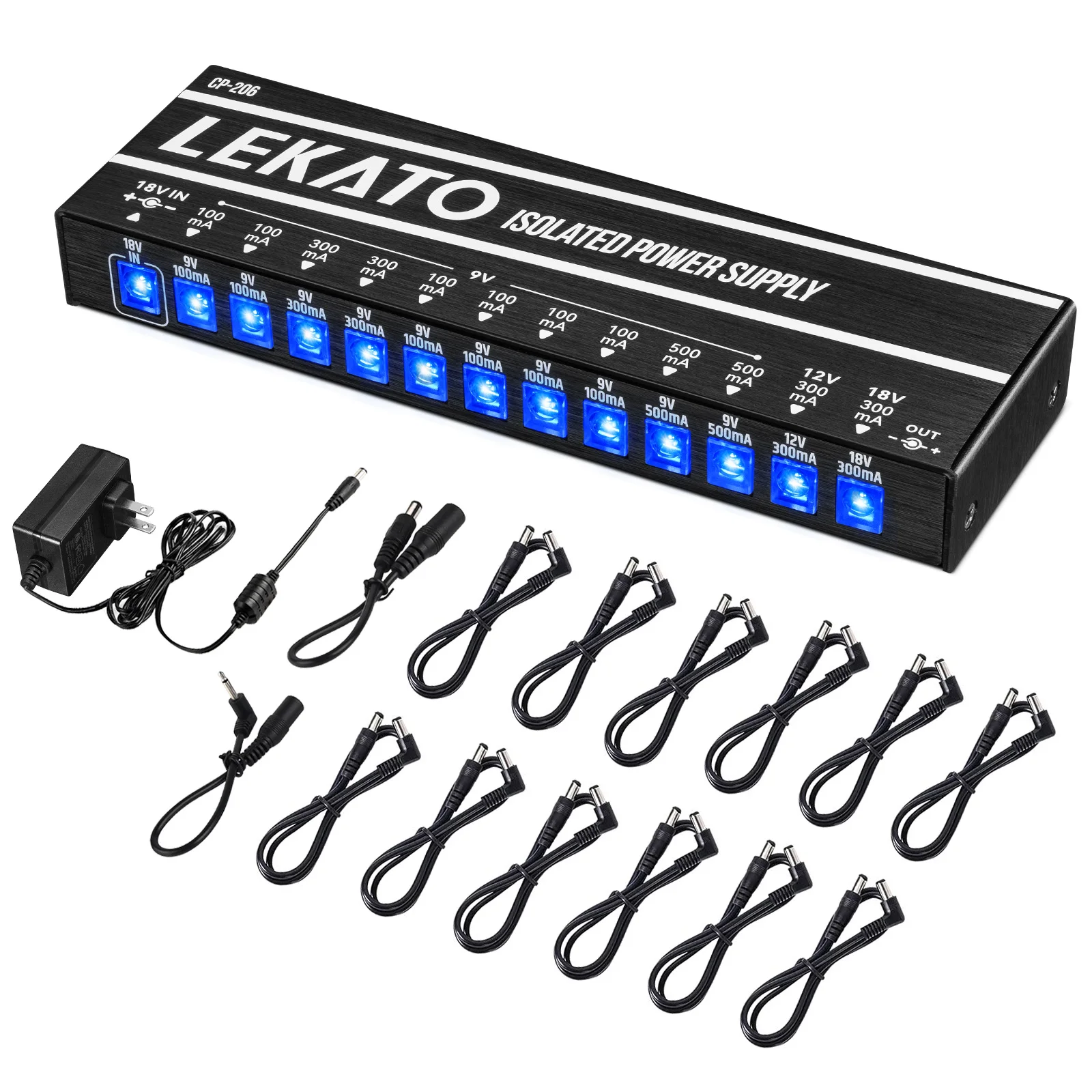 LEKATO CP-206 Guitar Pedal Power Supply True Isolated with 12 Ports DC Output 9V 12V 18V Short Circuit for Effect Pedals
