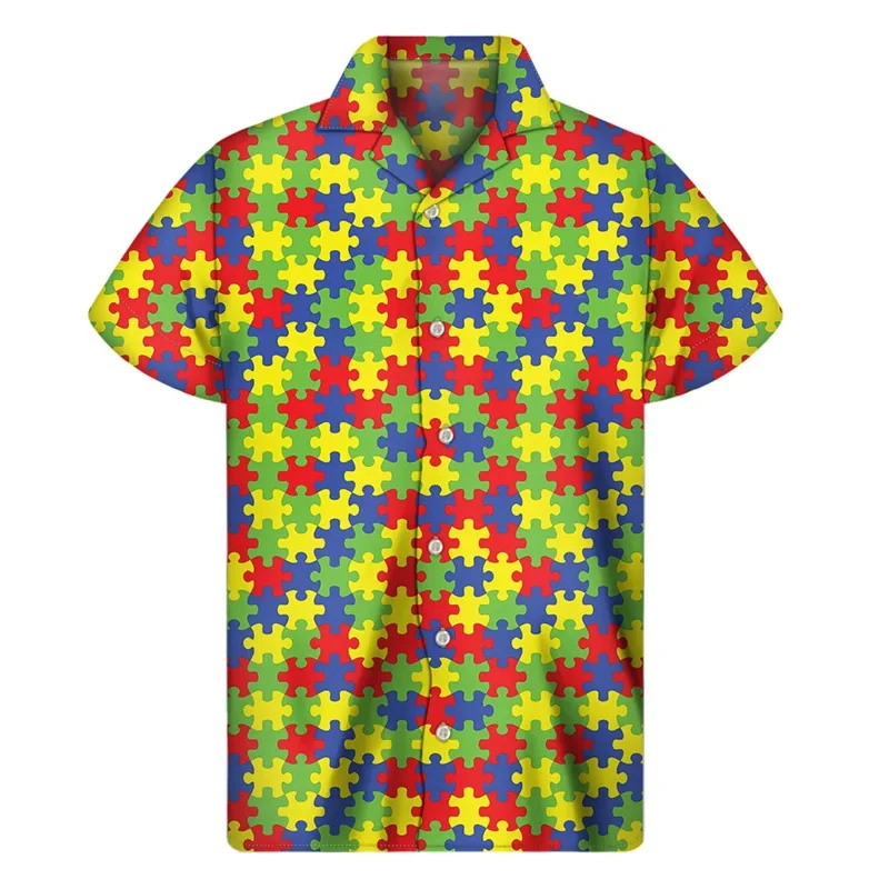 thumbnail image 1 of Camisa hawaiana informal de playa para hombre, camisa informal de calle para exteriores, uso diario, de otoño, de manga corta, abotonada, camisetas con rompecabezas en 3D, 1 of 5