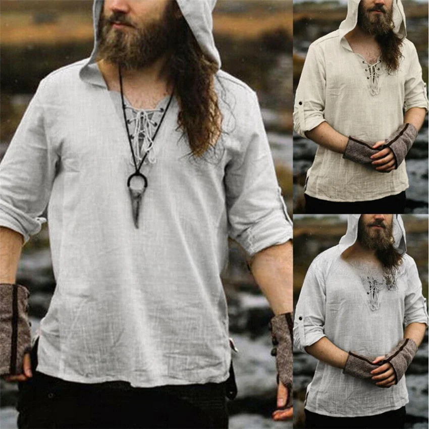 Summer Foreign Trade New Cross-border Cotton and Linen Long-sleeved Half-button V-neck Tie Collar Big Hooded Youth Shirt