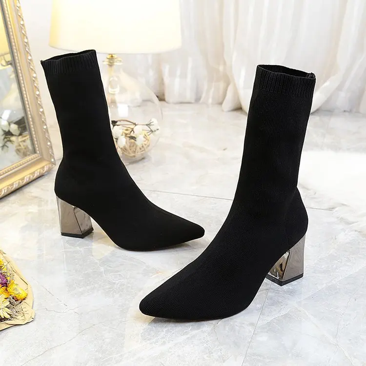 Winter High Heel Winter Boots for Women Cross-strap Ankle Boots Ladies Shoes Elastic ankle boots with wool tube Fashion Boots