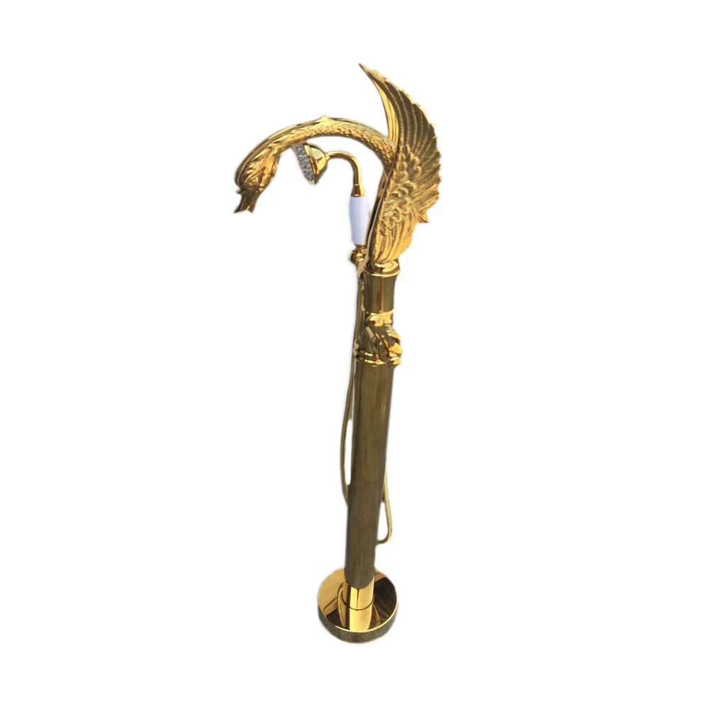 

Роскошный позолоченный напольный смеситель для ванны в лебедином стиле с одной ручкой наполнитель для ванны распылитель смеситель Liao001 0266