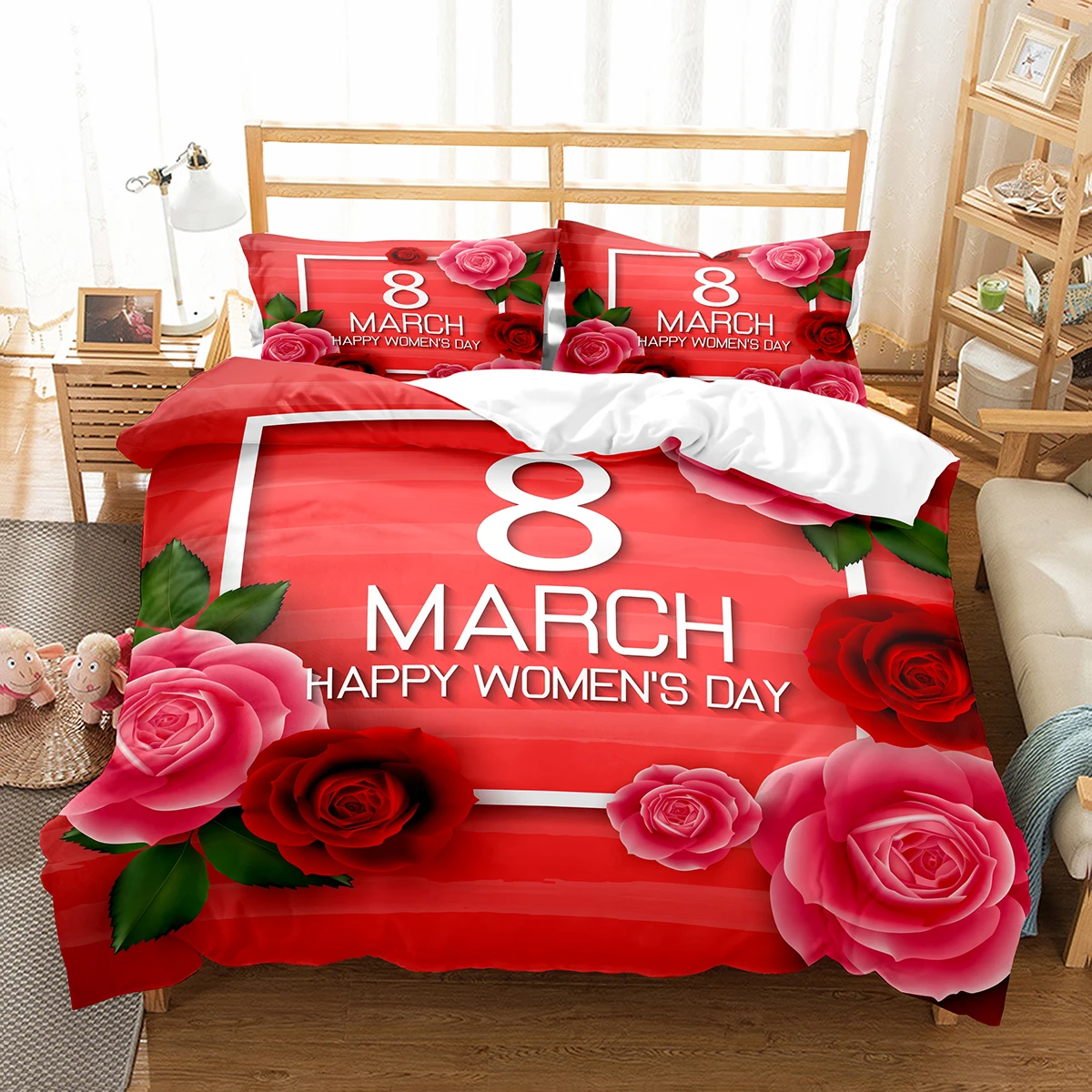 Set Copripiumino Floreale Romantico Set Biancheria Da Letto Happy Women'S Day Poliestere 8 Marzo Copripiumino Singolo King Size Per Regalo Madre