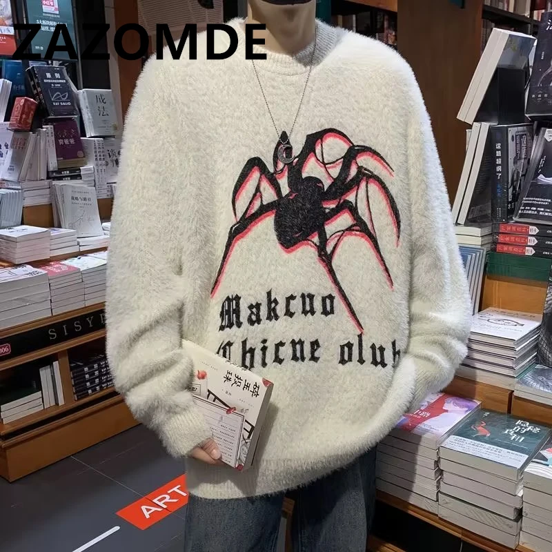 

ZAZOMDE Winter Sweater Spider Letter Graphic Oversized Knitted Pullover Sweaters Harajuku Streetwear High Street Sweater Jumper