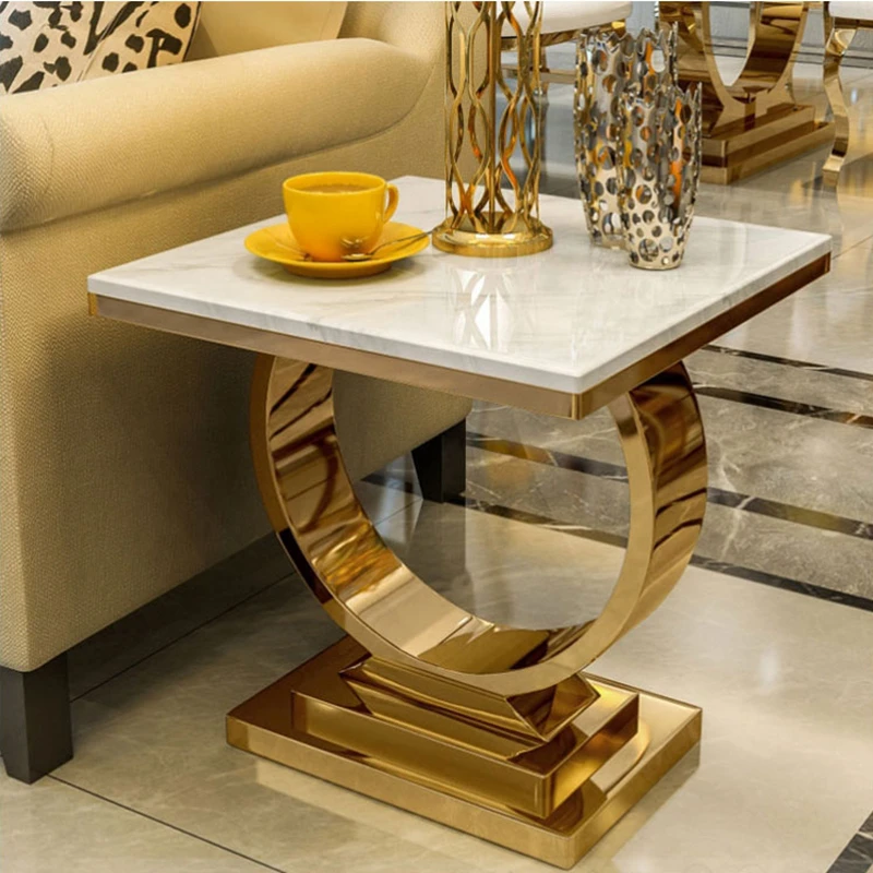 

High End Luxury Marble Coffee Table Glossy Gold Stand Living Room Sofa Edge Corner Table Designer Hotel Square Tea Table