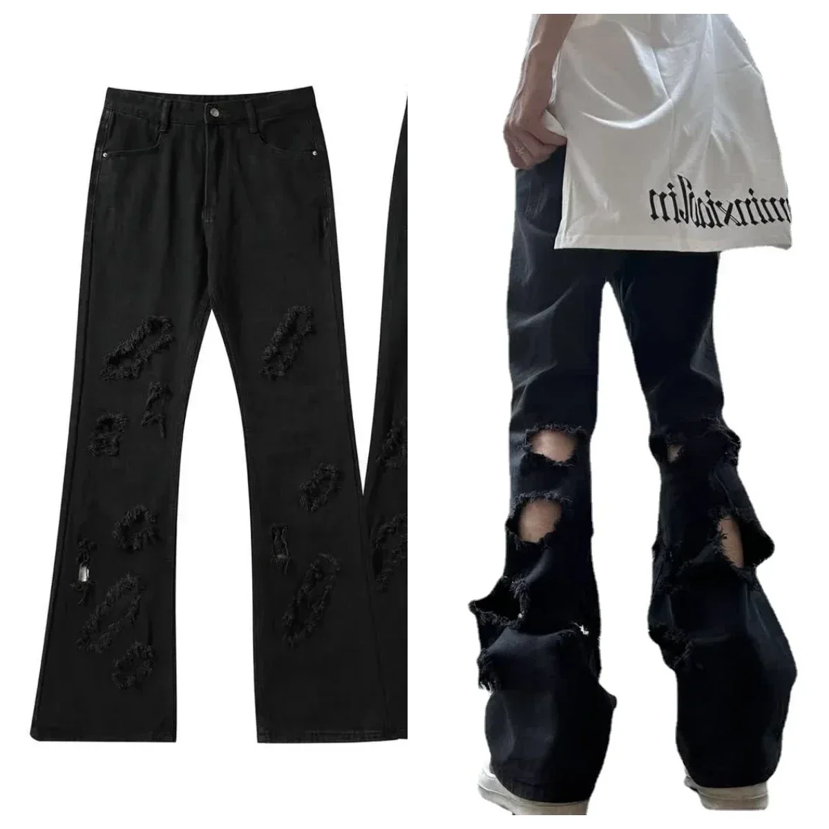 

Ripped Hole Black Jeans with Flare Pant Slight Bootcut Bell Bottom Denim Pants y2k low waist 2023 women man hip hop plus size