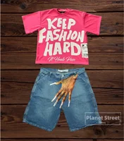 Hip Hop Two Piece Set Hand Graphic Short Jeans Harajuku Y2k Tops Tracksuit T Shirt men Streetwear Couples Fashion Shorts 1