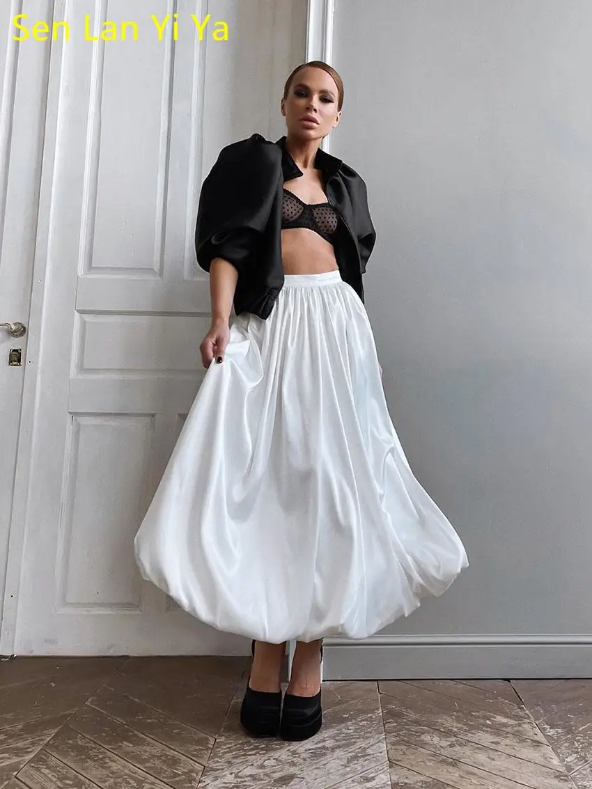 

Sen Lan Yi Ya Fashion Casual Black Skirt Autumn Elegant Simple High Waisted Office Skirts For Women2023 Loose White A-Line Skirt