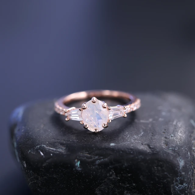 2pc natural moonstone engagement ring set rose gold diamond moissanite –  WILLWORK JEWELRY