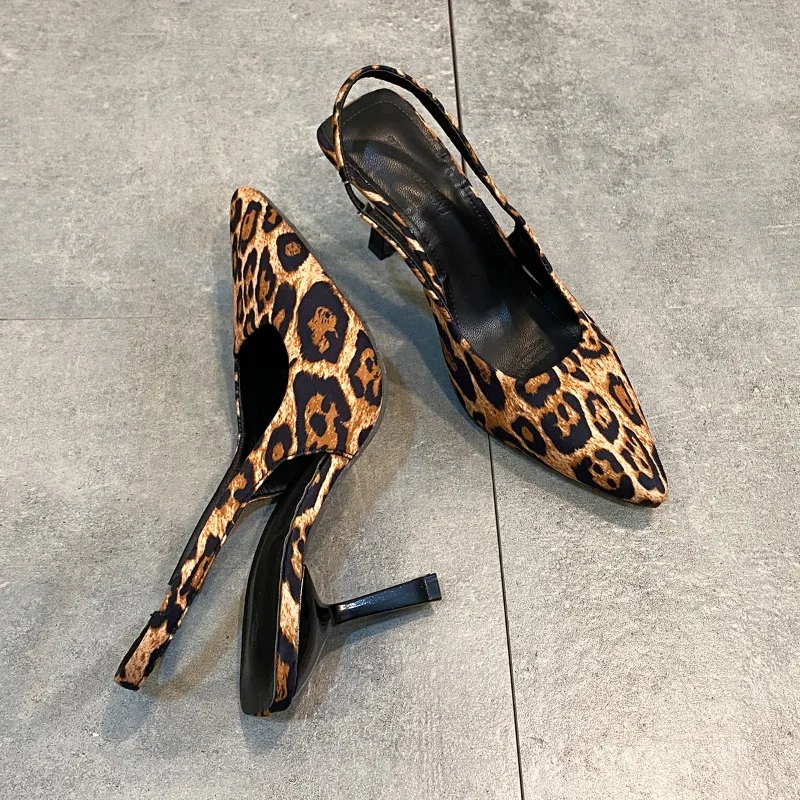 Pointed Leopard Slingbacks Women Shoes Spring Summer High Heels Temperament French Short Heels Single Shoes Fashion Sexy Sandals