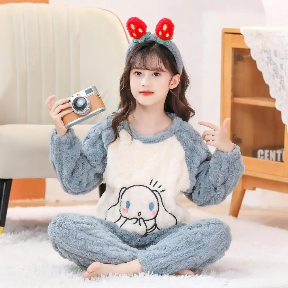 

Sanrio Anime Cinnamoroll Children's Cartoon Pajamas Cute Fall Winter Thicker Warm Overhead Coral Fleece Girls Home Wear Set