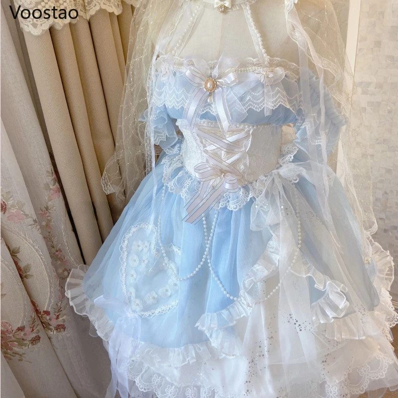 Sweet Lolita Princess Party Dress Vintage Victorian Women Elegant Mermaid Flower Wedding Dresses Girly Lace Pearls Mesh