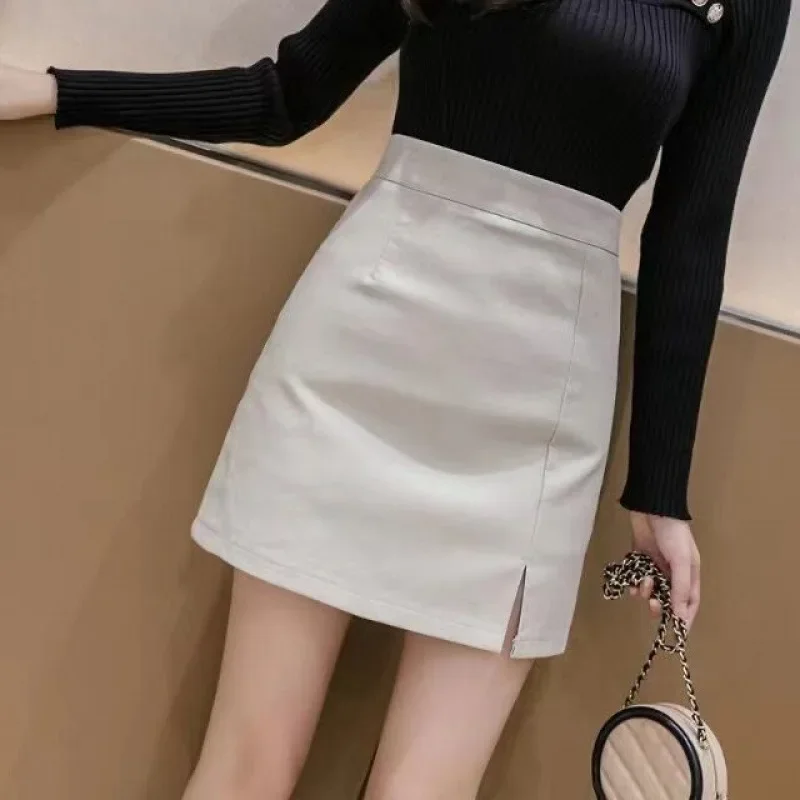 thumbnail image 1 of 2024 Otoño Nuevo Mini Vestido De Cintura Alta Anti-Exposición Falda De Línea A Adelgazante Falda Pequeña Bodycon Estilo Coreano Cuero De PU, 1 of 5