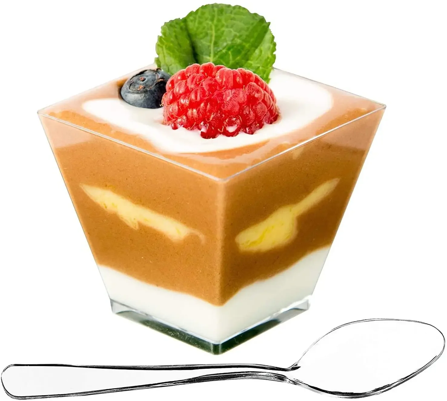 Description Picture 2 of itemClear Plastic 2oz/60ml Mini Disposable Dessert Cups with Lid and Spoon for Dessert, Pudding, Mousse, Yogurt, Snack (50Pcs)