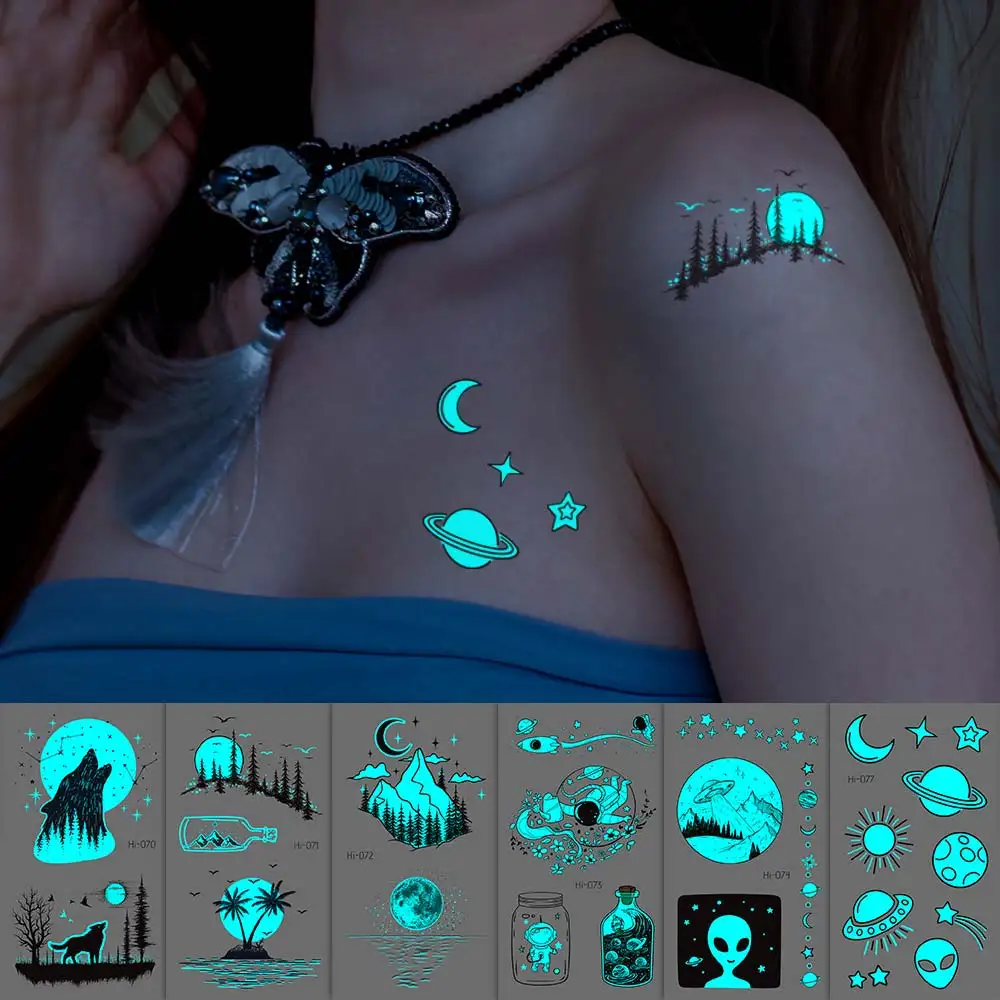 Tatouage autocollant de lune de montagne lumineuse bleue, faux tatouage  Fluorescent étanche pour enfants