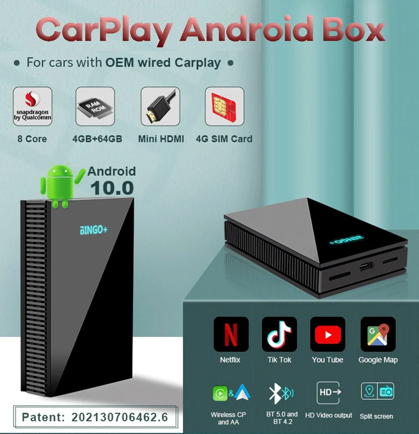 Carplay AI BOX Android 10.0 Wireless Auto Adapter Car Multimedia Player Qualcomm 8Core 4+64G WiFi 4G Network |