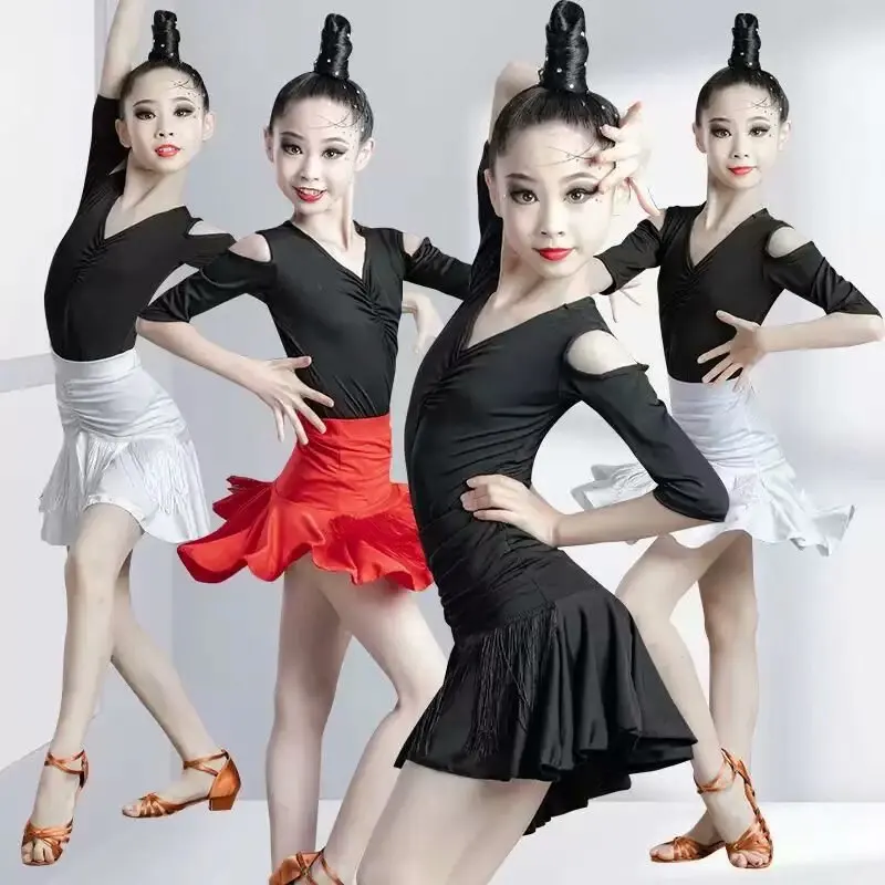 

Children Latin Dance Dress Performance Clothing Summer Girls Training Clothes Tassel Dance Clothes 2pcs Set