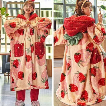 여성용 겨울 파자마 만화 후드 긴 로브 재킷, 귀여운 홈웨어 잠옷, 카와이 플란넬, 따뜻한 편안한 라운지 목욕 가운