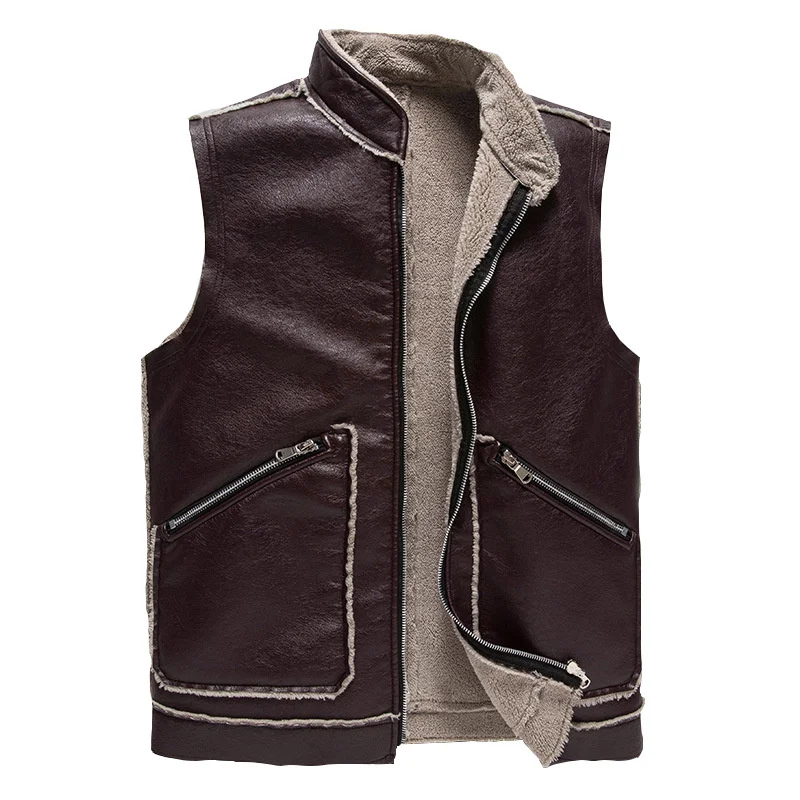 

Plus Size 8XL Men's PU Leather Fleece Vest Casual Loose Waistcoat Male Autumn Sleeveless Jacket