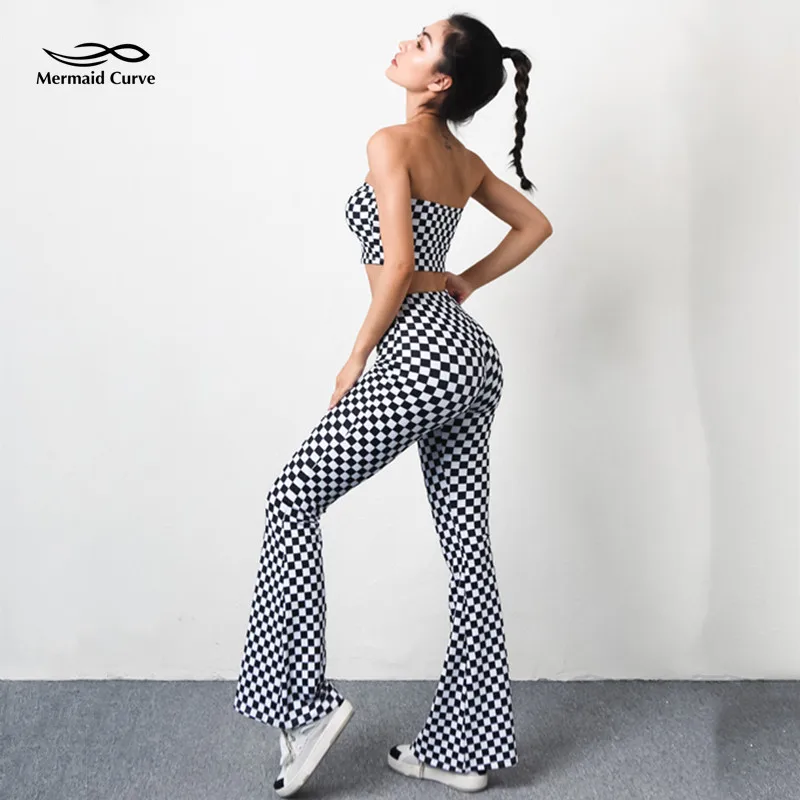 Mermaid Curve Checkerboard Flared Pants Women Fitness Yoga High Waist
