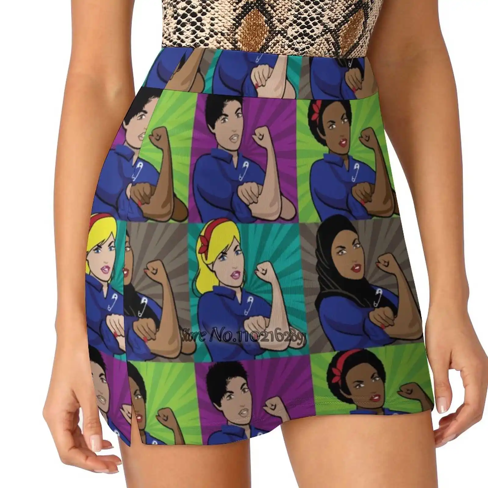 

Постер, поп-арт мультикультурного роуса клепальщики в женской летней фальшивой юбке из двух частей повседневная спортивная пляжная юбка