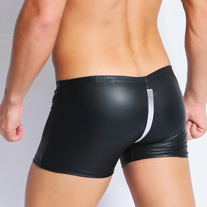 Men Sexy Faux Leather Short Pants Open Crotch Boxer Shorts Clubwear gay fetish latex shorts Pole Dance Lingerie Erotic Underwear