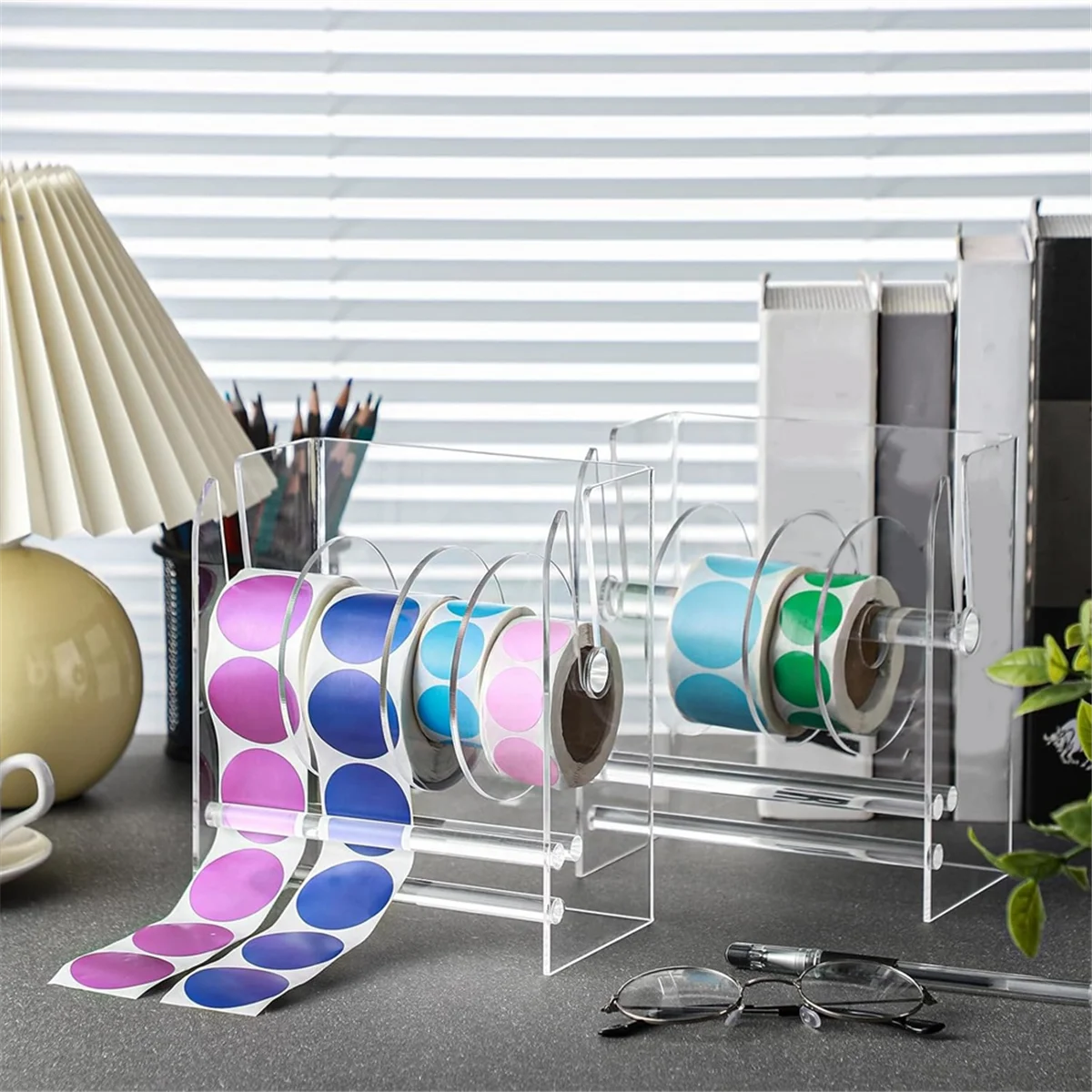 A04R-Adjustable Label Dispenser Acrylic Sticker Roll Dispenser Sticker Roll Holder Clear Label Holders Holder 4 Disks