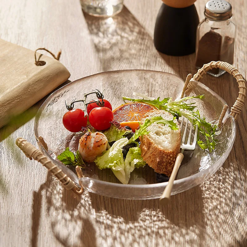 

Hand-made Rattan Glass Plate Fruit Plate Living Room Home Japanese Retro Snack Salad Plate Ins Wind High Value.