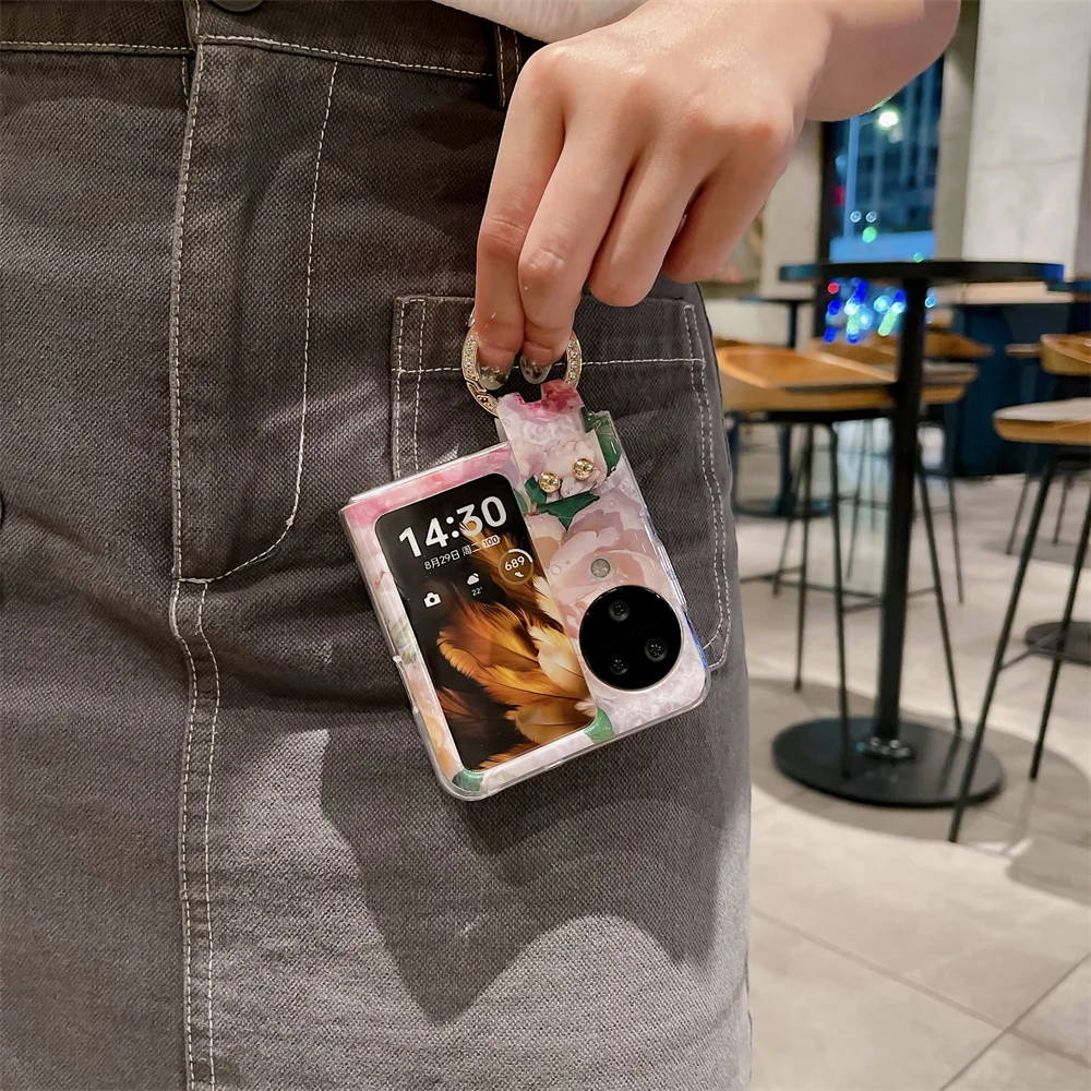 Ring Blue-ray Flower Phone Case For OPPO Find N2 N3 Flip PC Protective Shell Cover