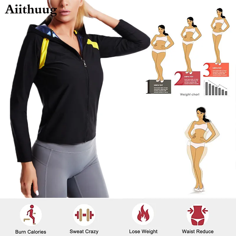 Aiithuug Gym Workout Hoodie Shaper Zipper Long Sleeve Sport Fitness Tops Sauna Suit Hot Sweat Waist Trainer Jacket Body Shapers shapewear bodysuit