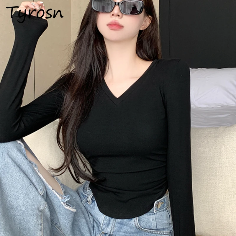 

Soft Skin-friendly T-shirts for Women Versatile Basic Vintage Underwear Spring Breathable Thin Solid Korean Style Skinny V-neck