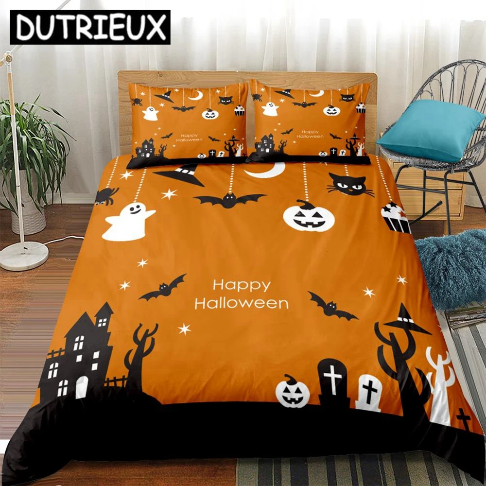 

3D Happy Halloween Bedding Sets 3pcs Quilt Cover Cartoon Orange Background Duvet Cover Set Pillow Cases Fashion Bedclothes