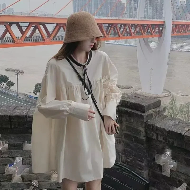 

Long Sleeve Dresses Women A-line Mini Dress Pure Color Sweet O-neck Spliced Fall Fashion Simple Loose Korean Casual Lace-up Chic