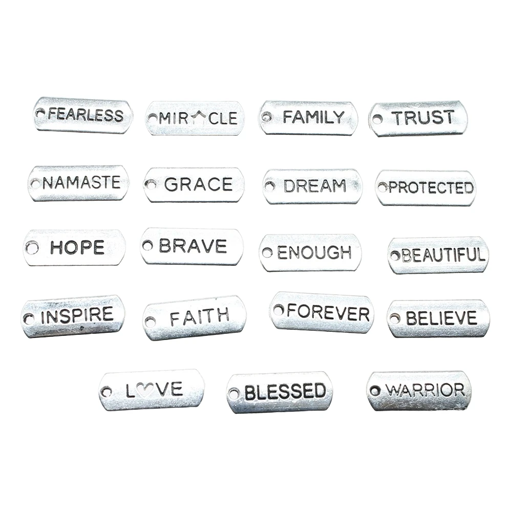10pcs 단어 태그 펜던트의 매력 골동품 실버 색상 축복받은 신앙 믿을만한 가족 Namaste Fearless Dream Hope Charms